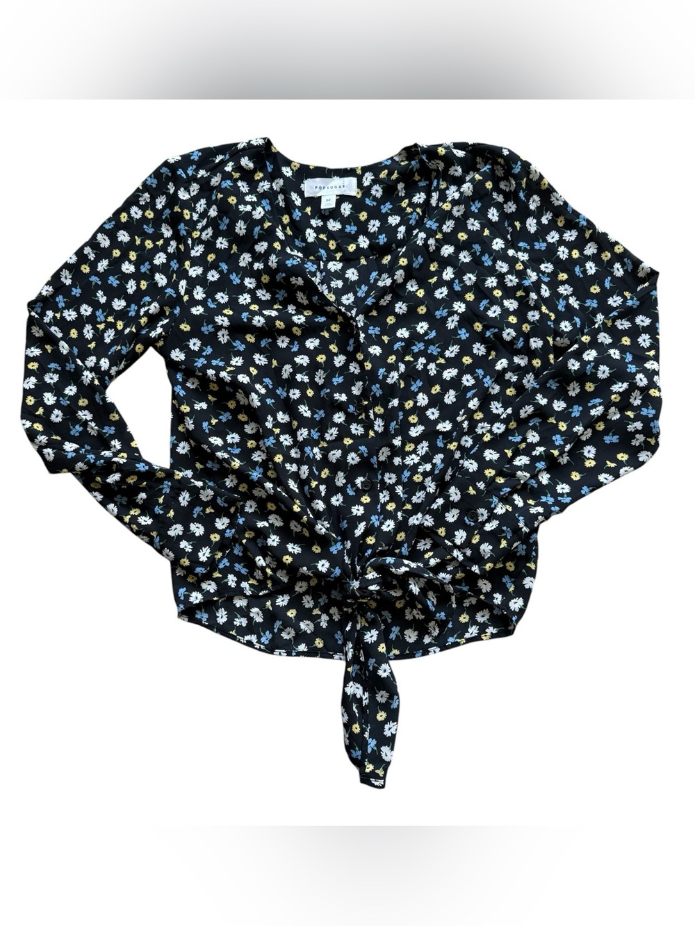 POPSUGAR Black Daisy Floral Tie Front Button Down Long Sleeve Blouse M Feminine